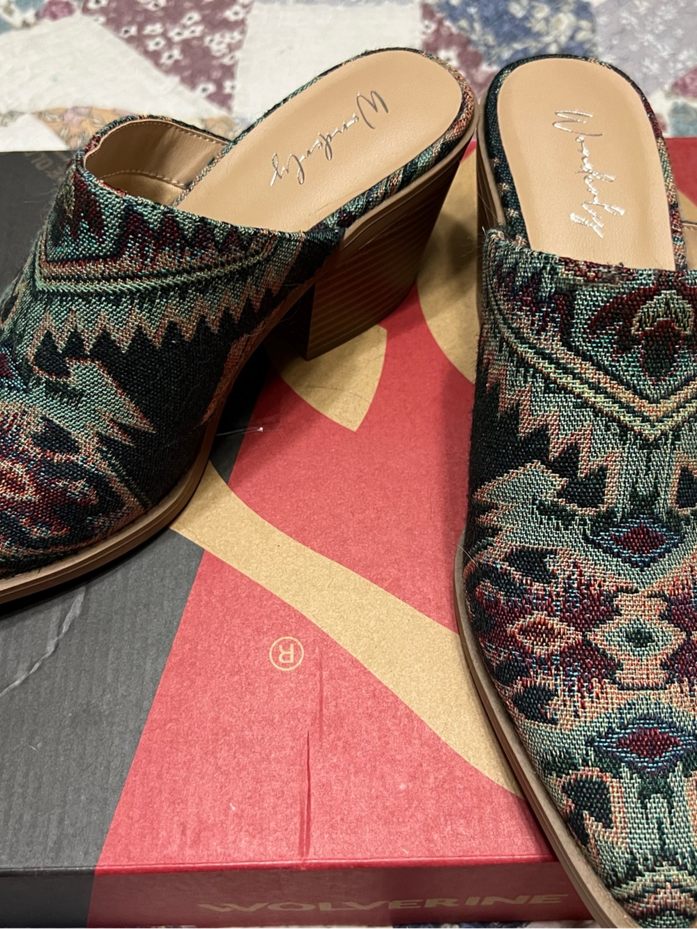 Wonderly Patterned Slip-On Mules in Teal, Burgundy and Black